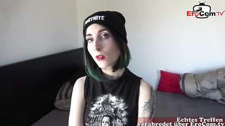Whorish teenie black-haired with tats is about to begin tugging, in front of the camera