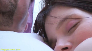 Knocked Up dark-haired is stretching her gams broad open to get pummeled, until she gets sated