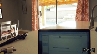 Tempting dark haired with a pretty grin is getting on all fours on the floor while deepthroating a immense spear