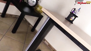 Dark-Hued office damsel is leisurely taking off her clothes and getting prepped to fap at work