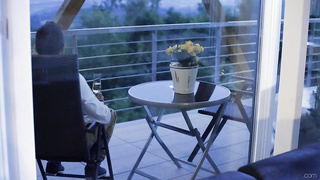 Spectacular ash-blonde was throating her married neighbor's bone and getting slammed with it, on the bed