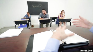 Enthralling woman with glasses got down on her knees in front of her lecturer, to satiate him