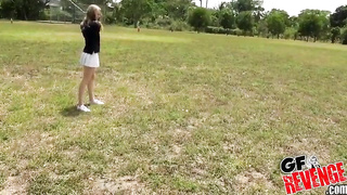 Blue saw honey is getting down on all fours in front of her golf professor and providing him a bj