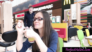 Russian dark haired is about to give a blowage to a stranger, in a public place