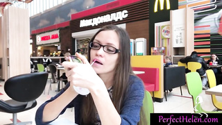 Russian dark haired is about to give a blowage to a stranger, in a public place