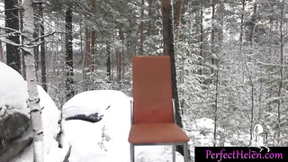 Fledgling doll in lacy underpants is railing a rock firm trunk in the nature, just for joy