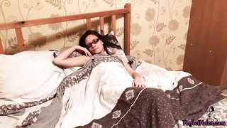 Trampy brown-haired is stroking with a fuck-a-thon plaything before poking her roomie, late at night