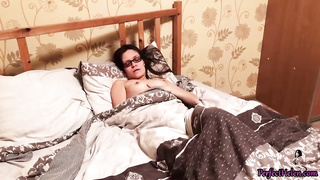 Trampy brown-haired is stroking with a fuck-a-thon plaything before poking her roomie, late at night