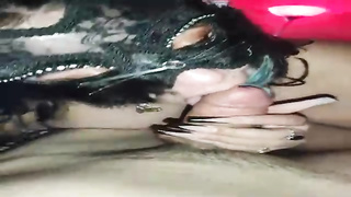 Mexican mature is dressed in a mask while deepthroating a rock rock-hard man-meat like a professional