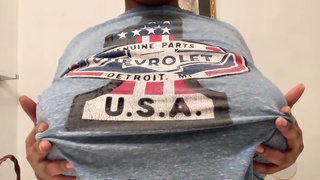 Grubby minded nymph is toying with her immense, innate funbags, in front of the camera