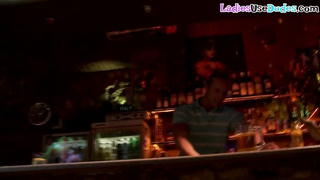 Strapon dommes fuck sissy subject in the bar