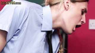 Cocksucking uniformed femdoms queening their sub