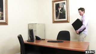 Slender, blondie dame in black tights is about to have insane orgy in her office