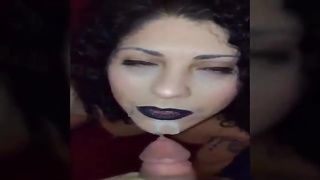 Crimson haired lady with glasses is impatiently gargling a rock rock-hard stiffy, like many of her homies