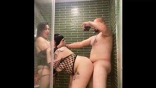 Sensual brown-haired with humungous mammories is getting pummeled from the back, during a 3some in the douche