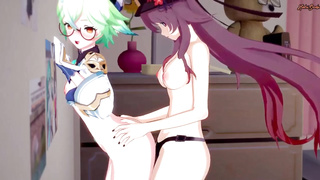 Hu Tao strap on dildo smashing Sucrose doggy-style against a wall - Genshin Influence Anime Porn