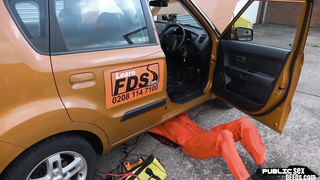 Ginger brit publicly fucked in interracial duo