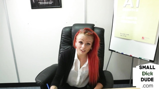Redhead femdom humiliates tiny dick guy at interview