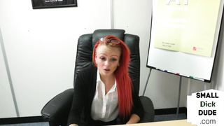 Redhead femdom humiliates tiny dick guy at interview