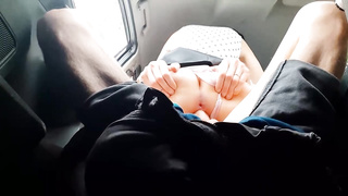 Nasty woman is tearing up a stranger in the van and wailing from enjoyment while jizzing