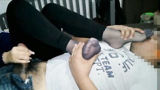 Nasty damsel is dressed in nylons while petting her paramour's trunk, to make him erupt from delight