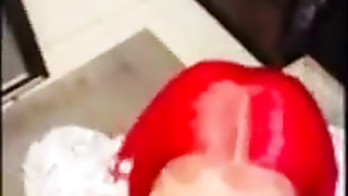 Crimson haired doll is getting on all fours on the floor while blowing a rock rock-hard jizz-shotgun like a professional