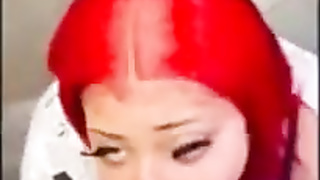 Crimson haired doll is getting on all fours on the floor while blowing a rock rock-hard jizz-shotgun like a professional