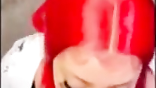 Crimson haired doll is getting on all fours on the floor while blowing a rock rock-hard jizz-shotgun like a professional