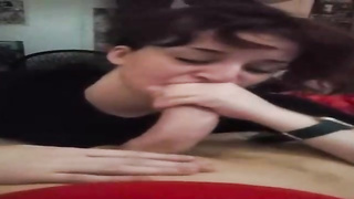 Scarcely college-aged doll is impatiently deep throating her finest buddy's hard-on, to make him pour out from gusto