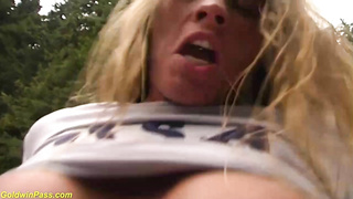 Ash-Blonde with massive melons and pointy nips is about to get humped in the nature