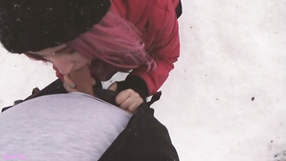 Pinkish haired pink cigar blower is frequently pleasuring dudes in the nature, even while it's snowing