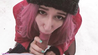 Pinkish haired pink cigar blower is frequently pleasuring dudes in the nature, even while it's snowing