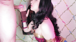 Wonder Dame wanks spunk from aficionado with hand-job and suck