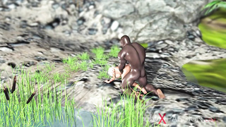 Big-Boobed, animation honey is gargling a humungous, black pipe and getting rammed with it in the jungle