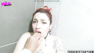 Tatted stunner with crimson hair loves to gargle peckers in a POINT OF VIEW fashion, to earn some cash