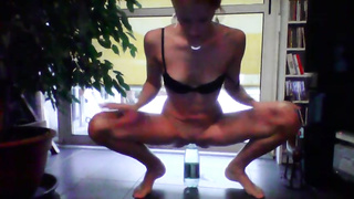 Ginormous booty hard-on teaser is posing in lil', blue underpants and leisurely taking them off