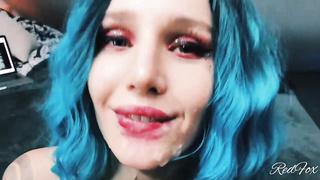 Tatted stunner with blue hair, Crimson Fox is blowing knob while getting on all fours on the floor