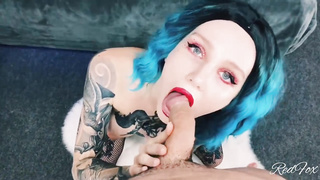 Tatted stunner with blue hair, Crimson Fox is blowing knob while getting on all fours on the floor