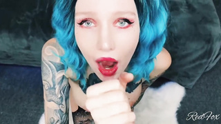 Tatted stunner with blue hair, Crimson Fox is blowing knob while getting on all fours on the floor