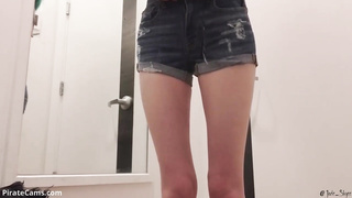 Stunner with blue hair is draining in the switching bedroom and attempting not to squeal while jizzing