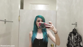 Stunner with blue hair is draining in the switching bedroom and attempting not to squeal while jizzing