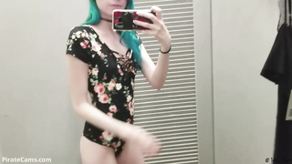 Stunner with blue hair is draining in the switching bedroom and attempting not to squeal while jizzing